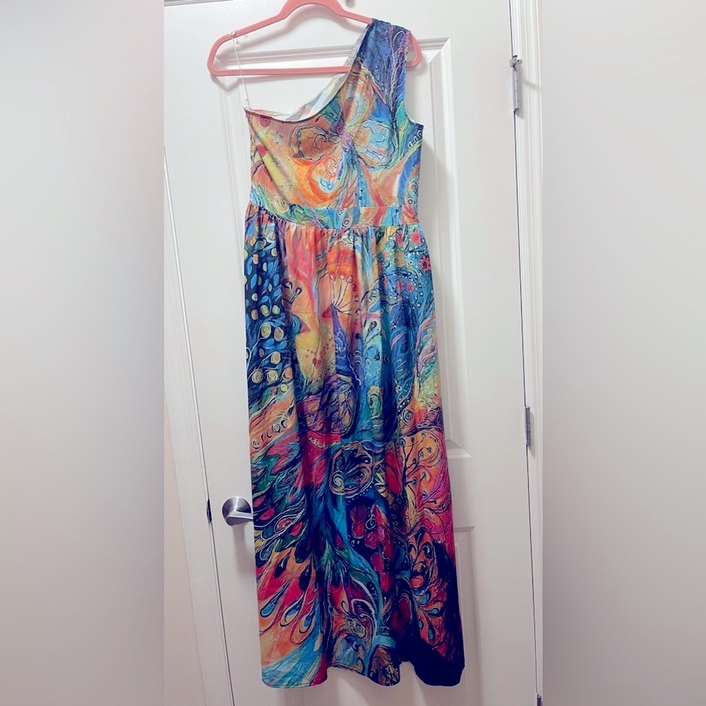 Vibrant Peacock Sleeveless One Shoulder Maxi Dress. Size Large - Picture 10 of 11